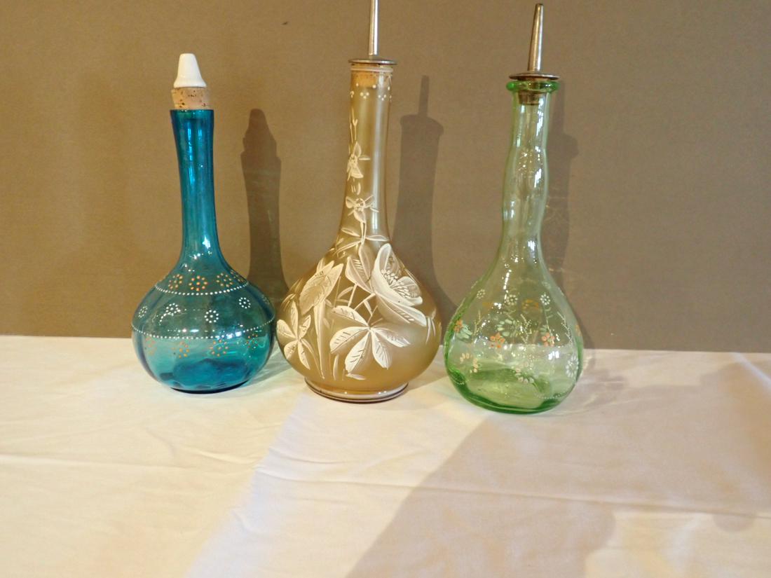 3 Barber Bottles Hand Painted, 1 With Frosted Glass & Flowers (1 of 10)