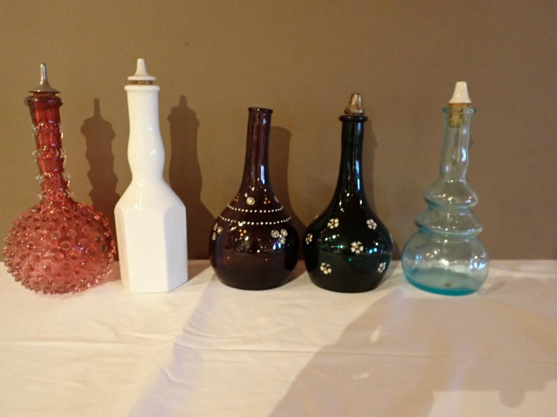 5 Barber Bottles 2 Hand Painted, 1 Hobnail, 1 Milk Glass and (1 of 4)