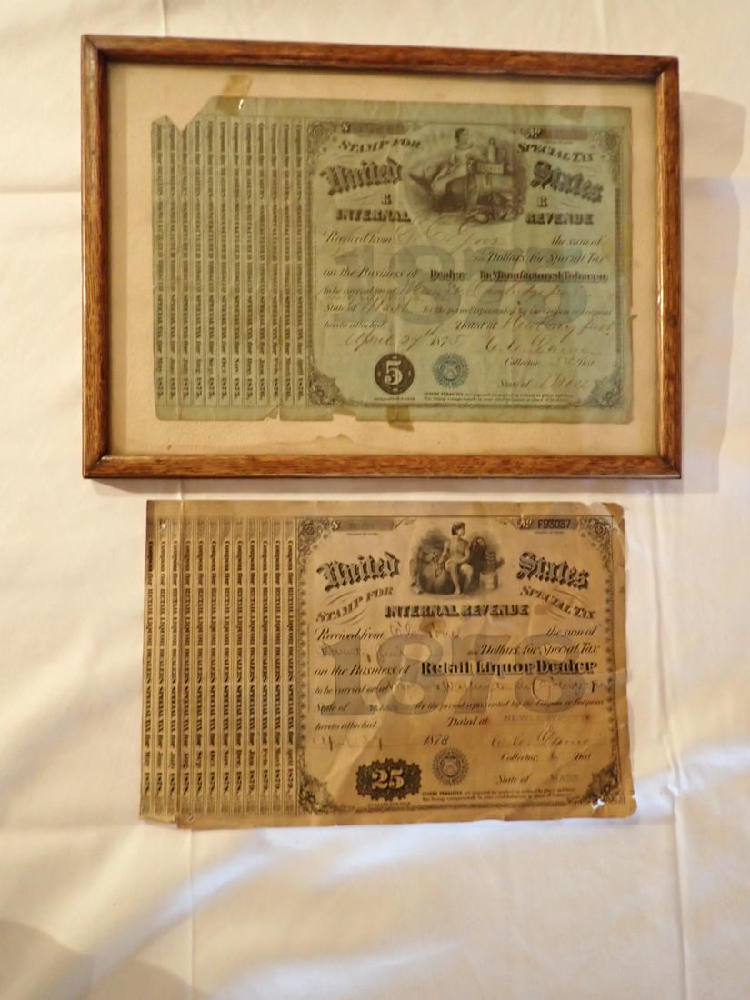 2 Internal Revenue Permits for Tobacco & Liquor. One Framed: 1875 Tobacco Permit Framed, 1878 Liquor Unframed - Liquor Certificate 7" x11. Tobacco certificate: 9 1/2 x 13 1/4 Frame and 7" x 10 3/4 Certificate. Please see photos and come to the 2 day preview for