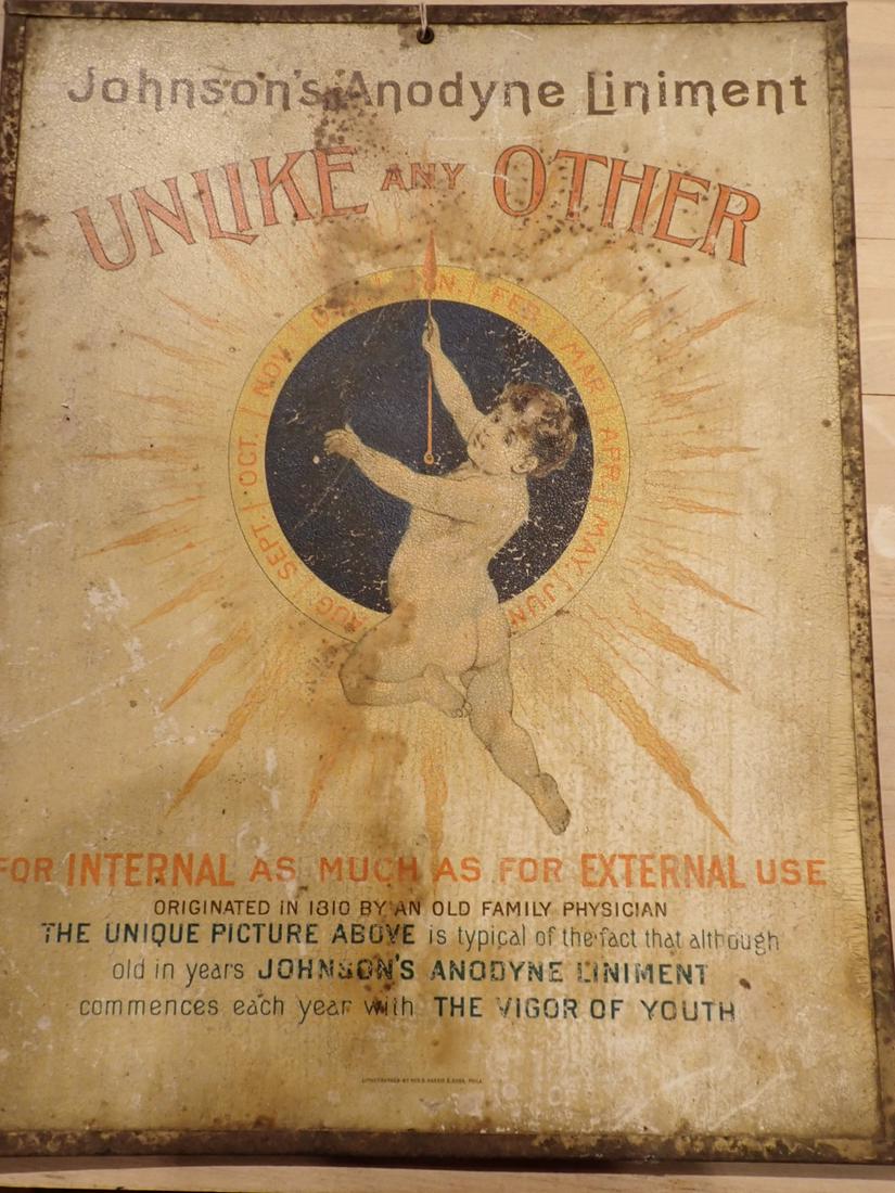 Johnson's Anodyne Liniment Advertising Sign: Paper on Tin - 14" x 10 1/2" Please see photos and come to the 2 day preview for condition.
