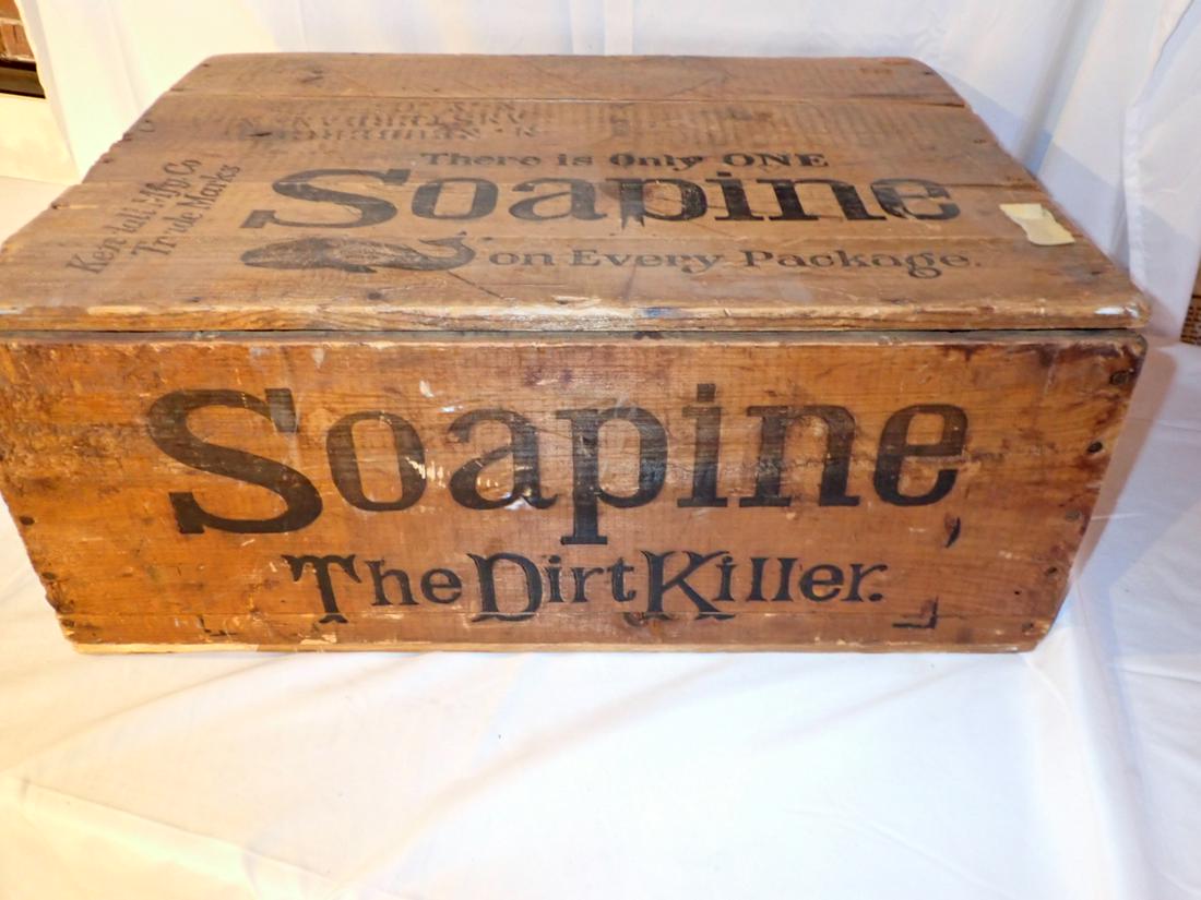 Soapine the Dirt Killer, Wood Advertising Crate.: Hinged Top. Providence RI paper label on side with Whale lithograph on one end. 6". Small piece missing out of the bottom. Please see photos and come to the 2 day preview for condition.