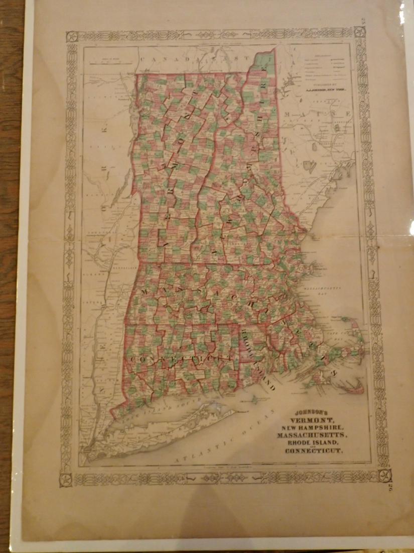 1864 Map of Vermont, New Hampshire, Massachusetts,: Rhode Island and Connecticut 26" x 18" Please see photos and come to the 2 day preview for condition.