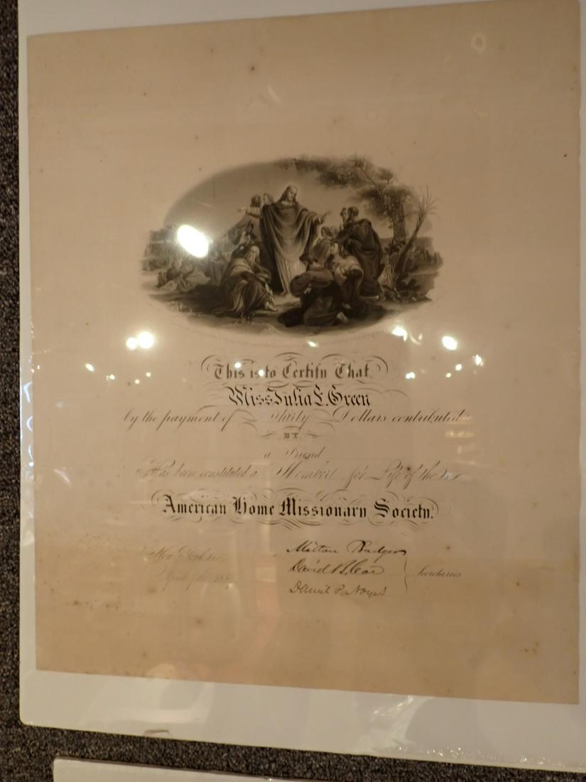 Julia Green American Home Missionary Certificate 1859: 17" x 14" Please see photos and come to the 2 day preview for condition.