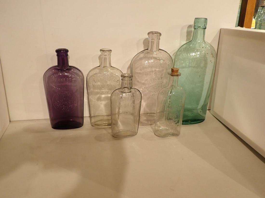 6 Flasks: 1 L. Verner - Deep Amethyst, Imperial Green, Jas. Connor Co. & Ales & Liquors, L. Verner - light purple The Worcester Trade D & R Mark. Please see photos and come to the 2 day preview for condition.