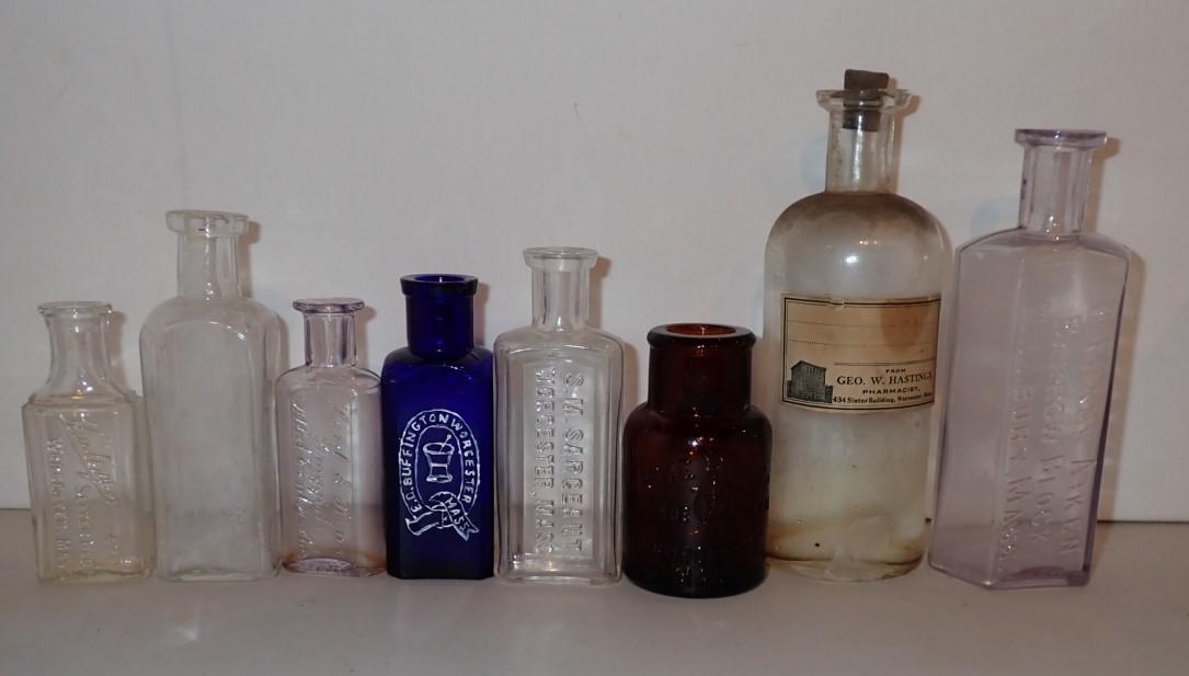 8 Pharmacy Bottles Worcester & Worcester County.: Geo W. Hastings, Slater Building, Pharmacy, S.M. Sargeant & Others. Please see photos and come to the 2 day preview for condition.