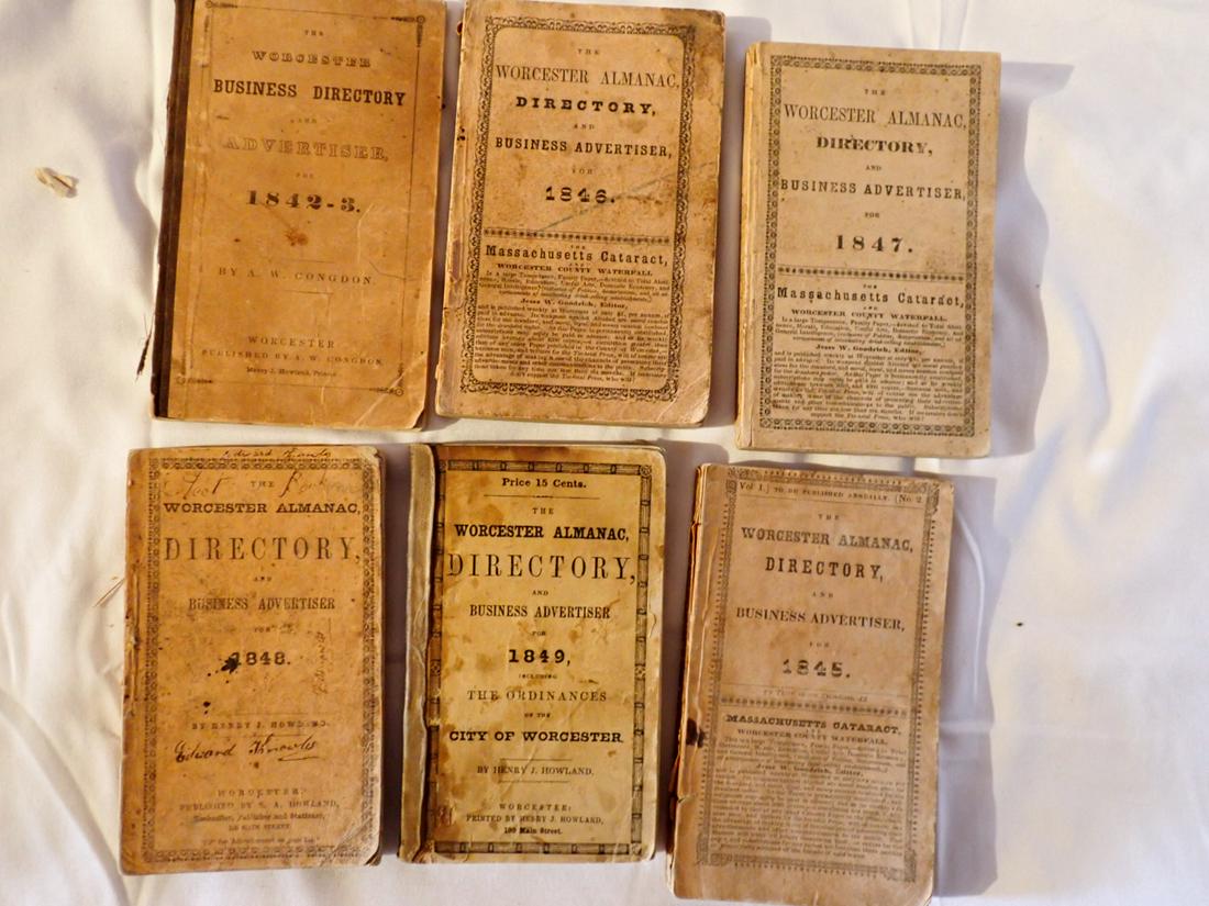 Worcester Almanac & Business Directories: 1842, 1843, 1845, 1846, 1847, 1848, 1849. 1 Published by A.W. Congdon Worcester, MA. Have some wear and staining. Overall Good Condition. Please see photos and come to the 2 day preview for condition.
