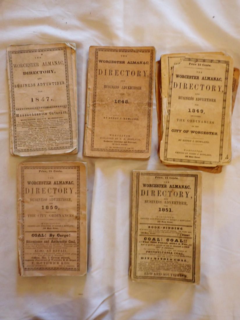 Almanacs and Directories of 1847, 1848, 1849, 1850, 1851: 1849 is disbound with loose pages and 2 others have loose bindings. Please see photos and come to the 2 day preview for condition.
