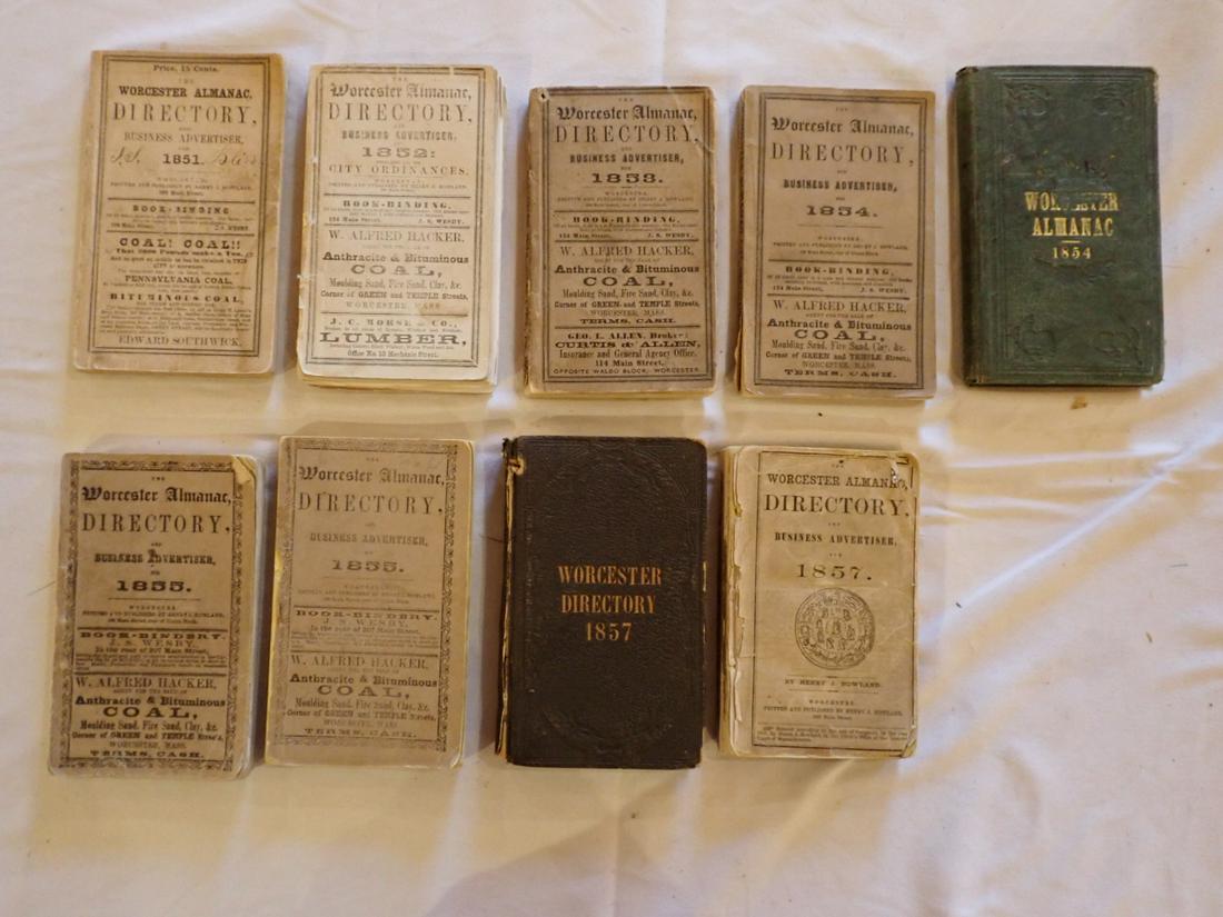 Almanacs and Directories of Worcester: 1851, 1852, 1853, (2) 1854, (2) 1855, (2) 1857. Some wear and loose pages overall good condition. 1855 Missing Back Cover. 1857 Front Cover Torn off & Missing rear cover. Please see photos and come to