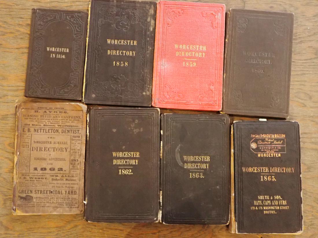 Worcester Directory 1850, 1858, 1859, 1860, (2) 1862, 1863, 1865 (1 of 18)