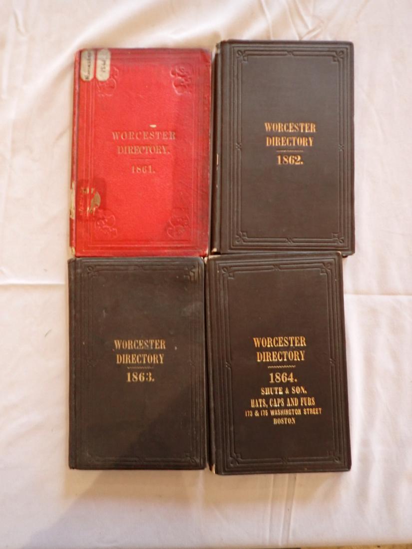 Civil War Era Worcester Directories 1861, 1862, 1863 and 1864: 2 have loose bindings. Overall Good Condition. Please see photos and come to the 2 day preview for condition.