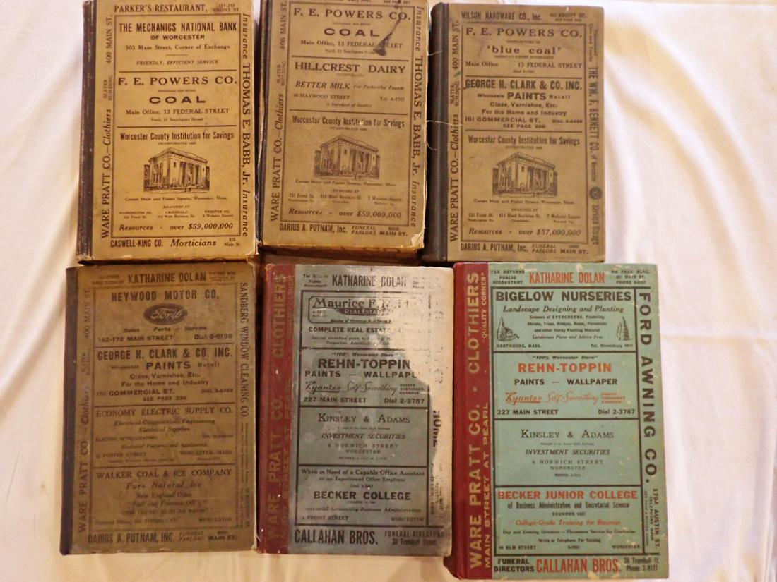 Worcester Directories 1930, 1932, 1933, 1935, 1939 and 1945: staining and tearing on some covers loose. Otherwise Overall good condition. Please see photos and come to the 2 day preview for condition.