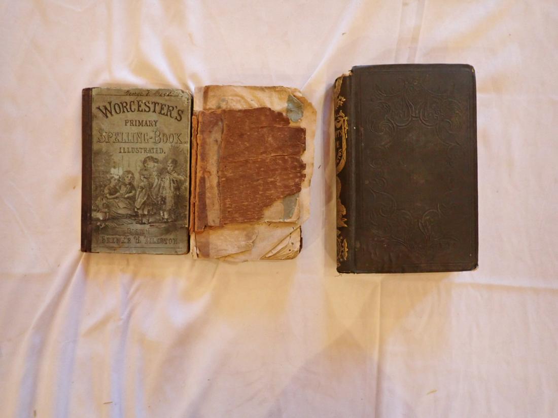 (3) 19th Century School Books: 3 School Books: Worcester Primary Spelling Book 1835. Massive wear and staining. 1816 Geography Principally of America. Chipped cover, some torn pages and staining, 1855 Life of George Washington. Som