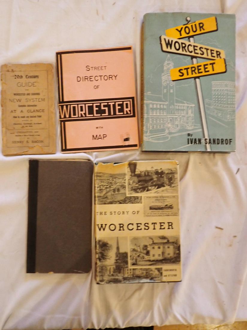 2 Worcester Street Directories and Worcester History Book: 2 Street Directories, 1-1904 (good condition), 20th Century Guide Worcester and Suburbs 1900 by Henri S. Bacon (torn cover and brittle pages), The History of Worcester 1934 by Albert Farnsworth PHD an