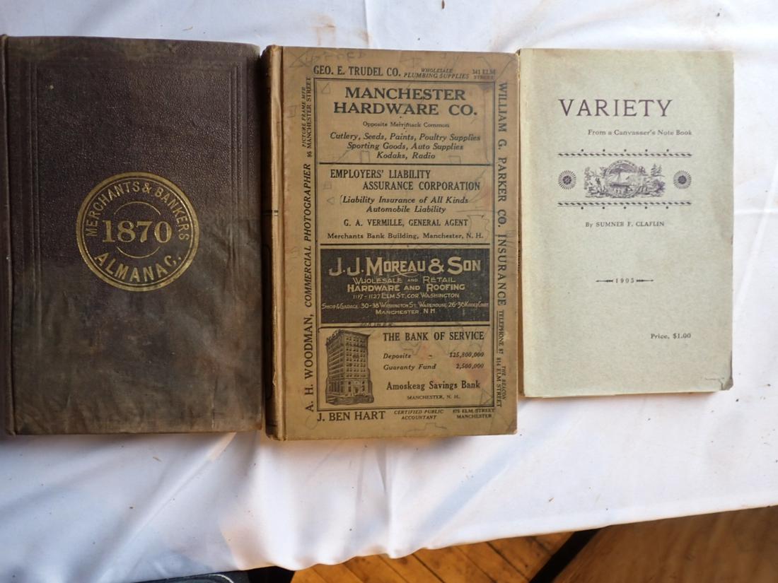 3 Manchester, NH Books - Almanacs and other: 3 Books: 1905 Variety - Convasser's Note Book by Summer F. Claffin Manchester NH (overall good condition). 2 Almanacs - 1870 Merchant and Bankers Almanac (have light wear and damage), 1938 Manchester,