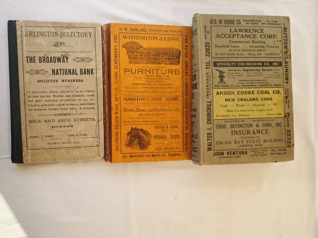 Old Arlington, Stoughton, and Lawrence Directories: 3 Books: 1890 Arlington Directory - Residents & Businesses, 1897 - 8 Stoughton Directory, Residents, Businesses and Streets, 1939 Lawrence Directory (loose binding & fraying). All books show some wear