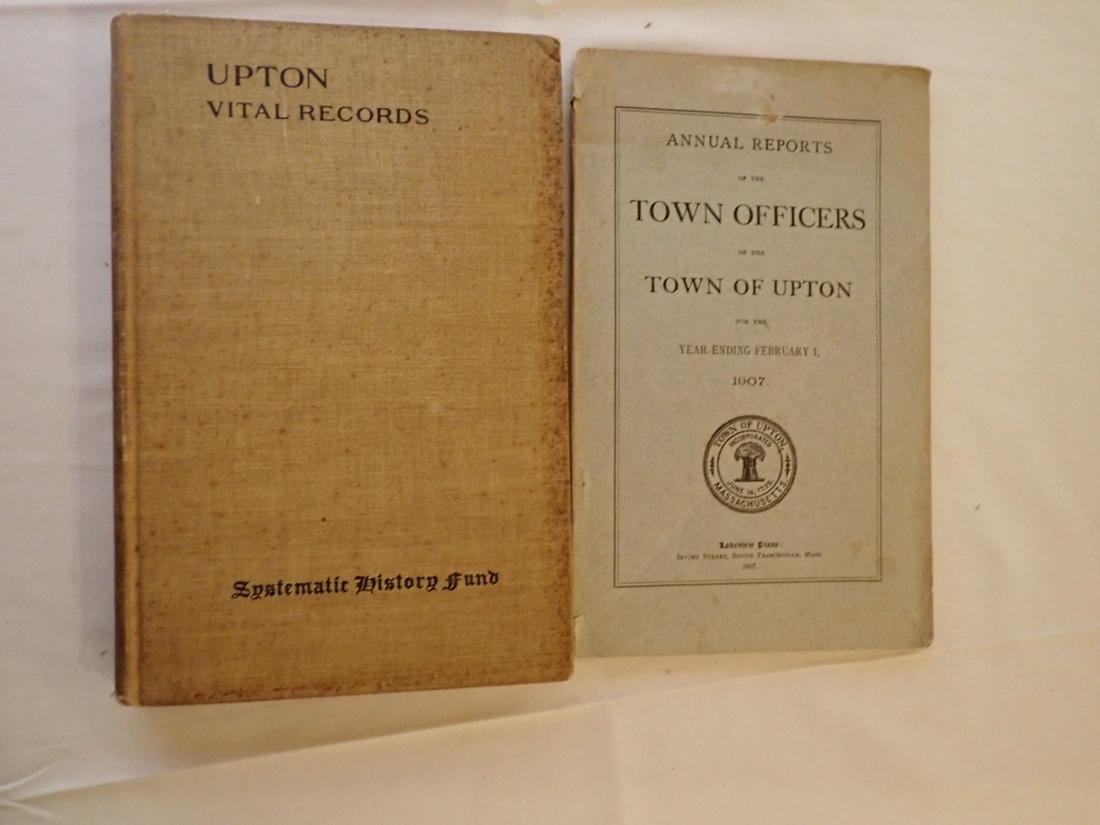 1904 Upton Vital Records and 1907 Annual Reports: Town of Upton Vital Records 1904 and Town of Upton Annual Reports 1907. 1904 Book has some tearing and staining. The 1907 book has some cover wear. Please see photos and come to the 2 day preview for 