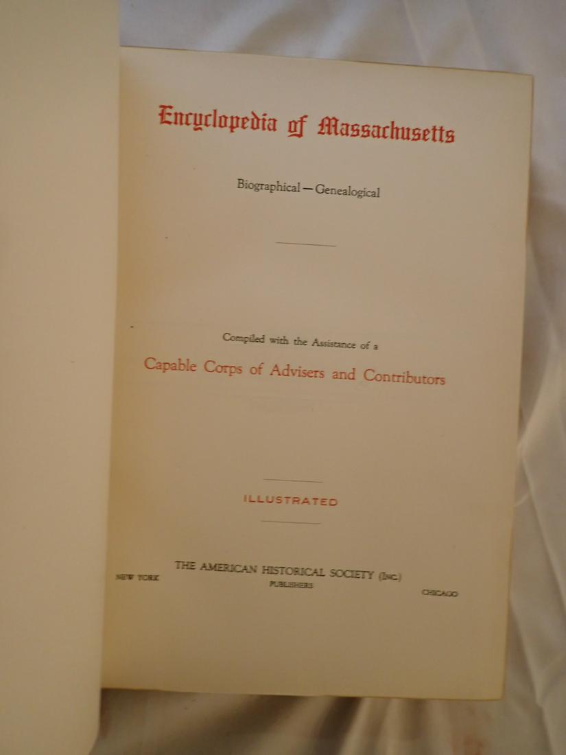 Early 1900s Encyclopedia of Massachusetts: Biographical & Genealogical Published by The American Historical Society History of Places and People of Massachusetts. Slight cover wear. Please see photos and come to the 2 day preview for condition