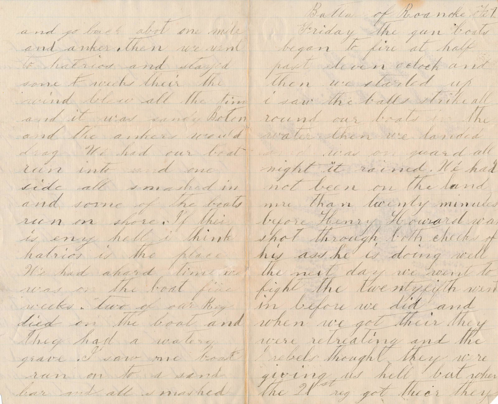Civil War Letters from A. Jay Kelly and Others: Letter by Richard R. Fisk to A. Jay Kelly Describing Battle of Roanoke. Describes boats running into sand bars. "Gun boats began to fire at half past eleven o'clock" "I saw the balls strike all around