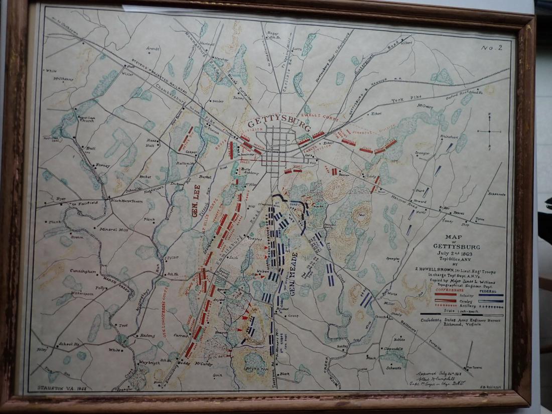 1863 Map of Gettysburg - Marked "No. 2" Colorfully Printed Map: Shows Positions of Confederate and Federal Troops. Later Printing Frame: 18" x 22 1/2" Local pick-up available on February 4th or 3rd party shipping available. Please see terms.
