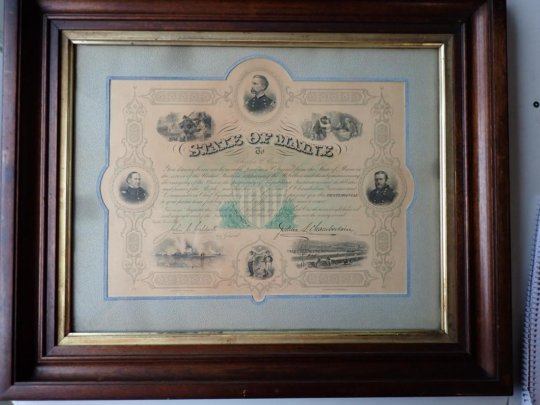 State of Maine Civil War Certificate of Service Charles E. Carr: Awarded to Charles E. Carr. Matted in Walnut Frame: 19 1/2" x 23". Matte is contoured to fit certificate - Certificate is 11 1/2" x 15" at Widest Points. See photos for condition and details. Local pi