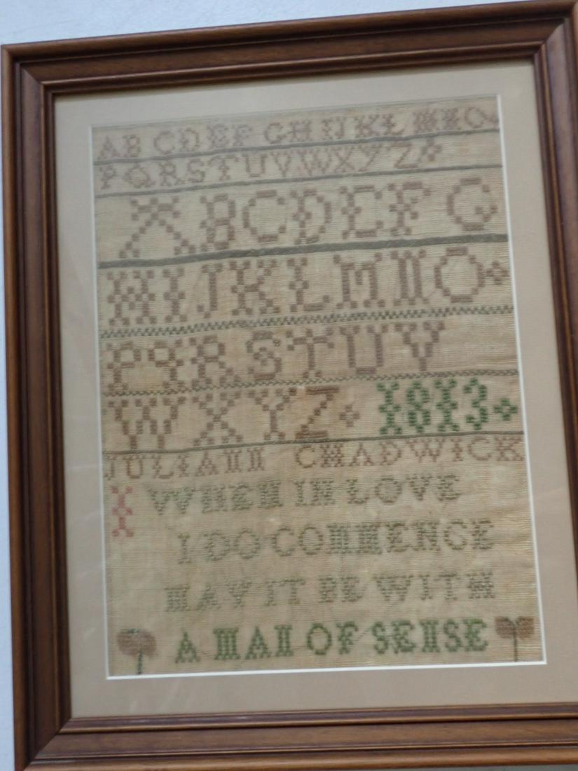 1813 Juliann Chadwick Sampler: "When in Love I do Commence it be with a Man of Sense". Sampler 12" x 9" - Not including Matte - Frame: 16" x 13". See photos for condition and details. Local pick-up available on February 4th or 3rd