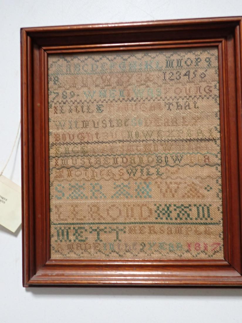 1817 Sampler "When I was Young" by 9 year old girl: Sampler 11" x 9 1/2". Frame 14" x 12". See photos for condition and details. Local pick-up available on February 4th or 3rd party shipping available. Please see terms.