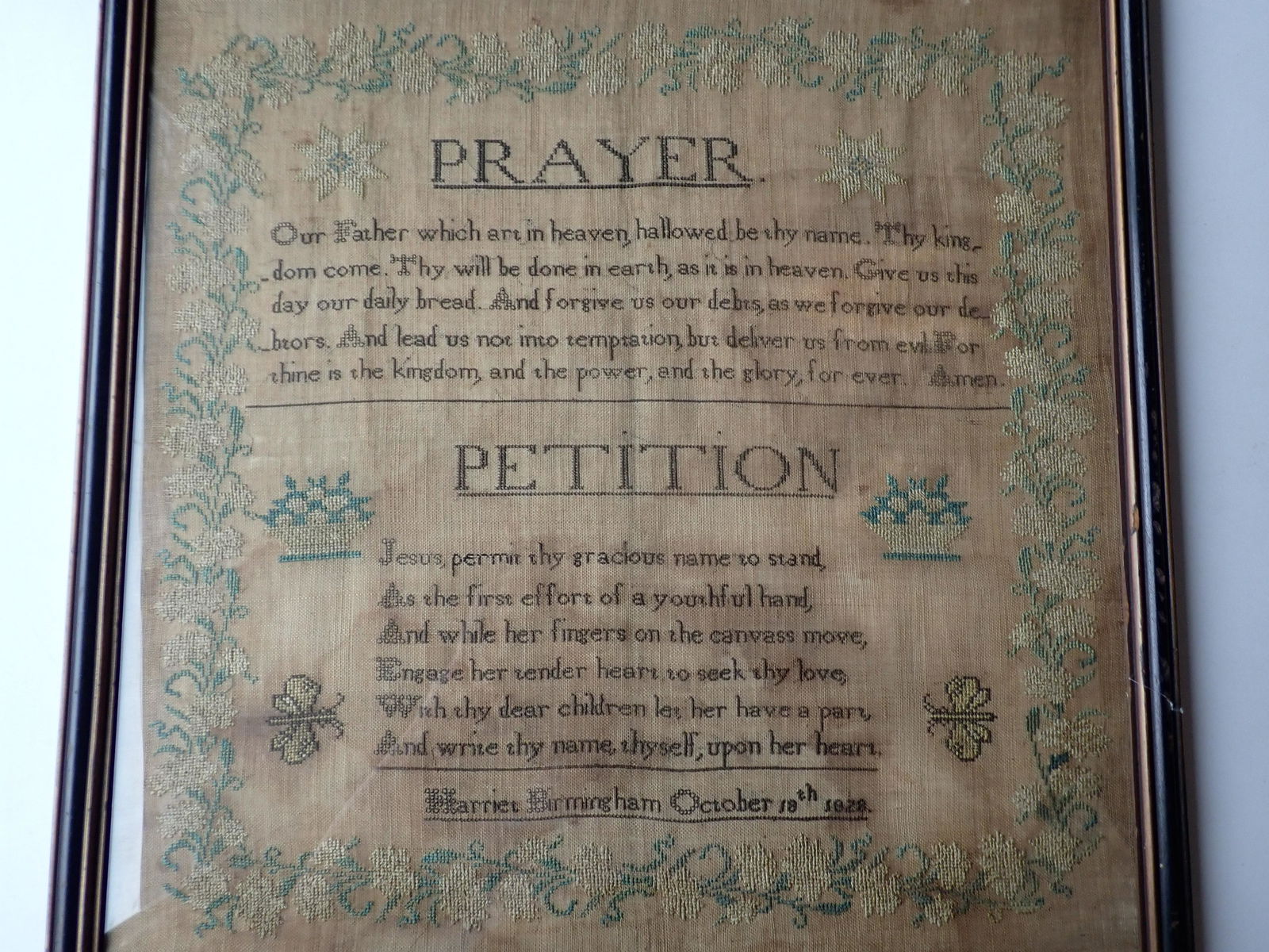 1828 Sampler with Floral Borders, Butterfly and Flower Basket (1 of 8)