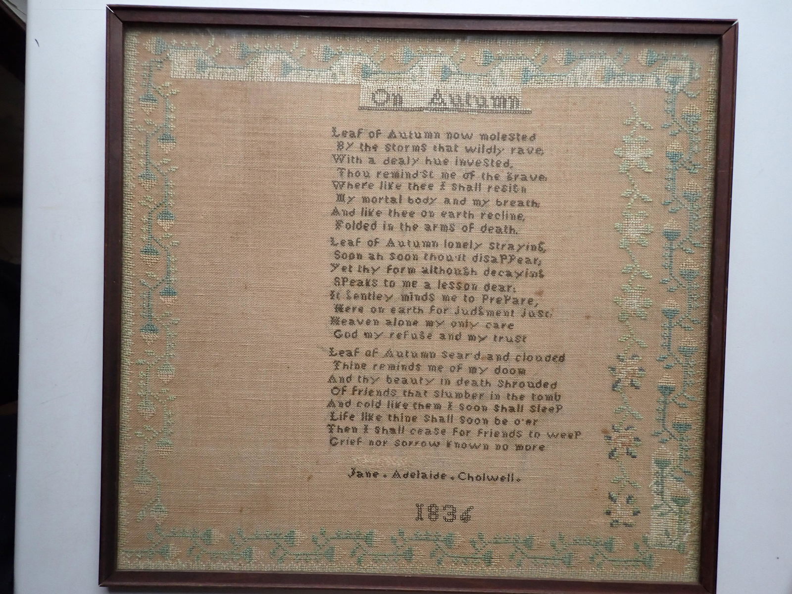 1836 "On Autumn" Sampler Jane Adelaide Cholwell (1 of 8)
