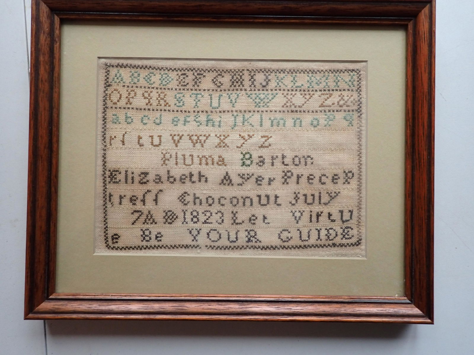 1823 Sampler of Alphabet & "Let Virture by Your Guide" (1 of 5)