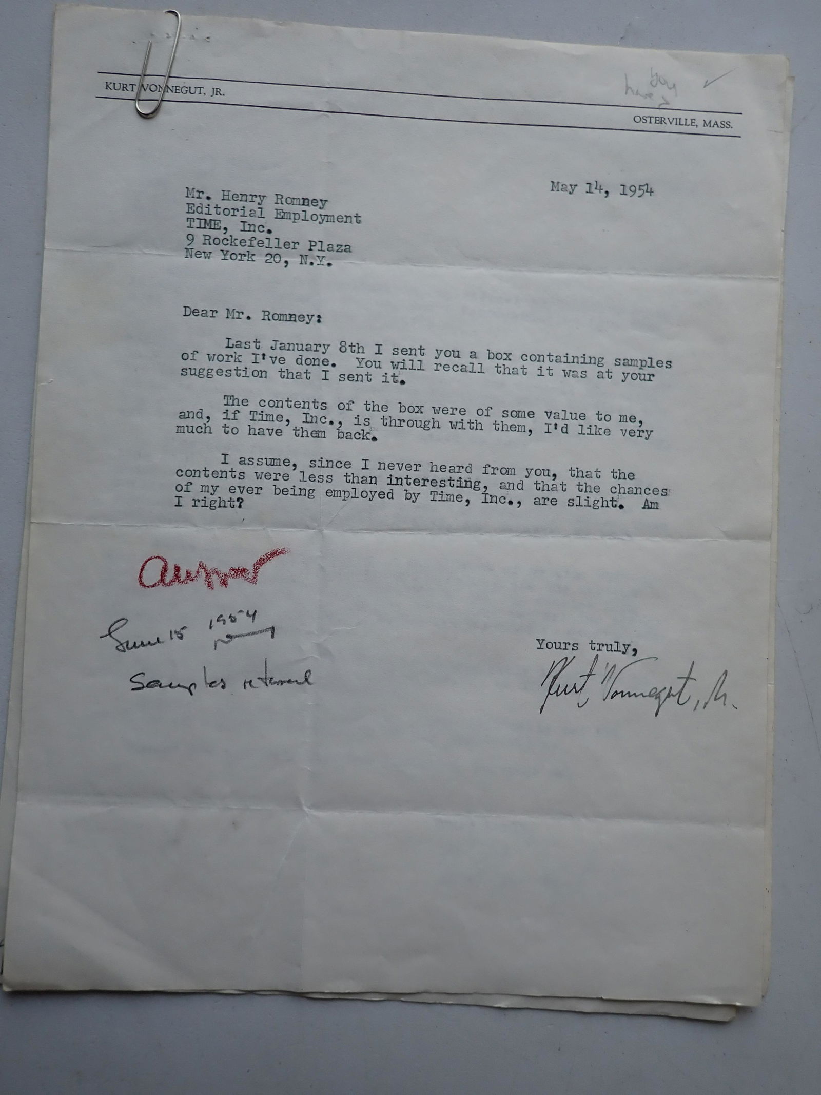 Signed Kurt Vonnegut 1954 Job Application for Time Magazine (1 of 10)