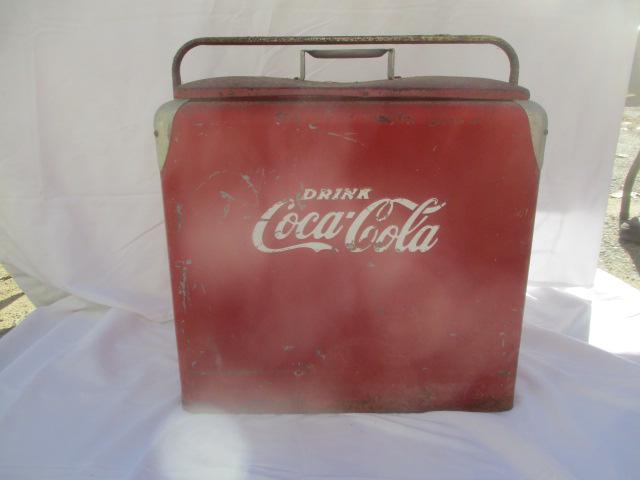 Vintage Red Coke a Cola Cooler: 16 1/2" With Top On, 17 1/2" wide and 12" deep. bottle cap on side has rust on lid, handle and base. Clean inside. See photos for condition and details. Local pick-up available on February 4th or 3rd