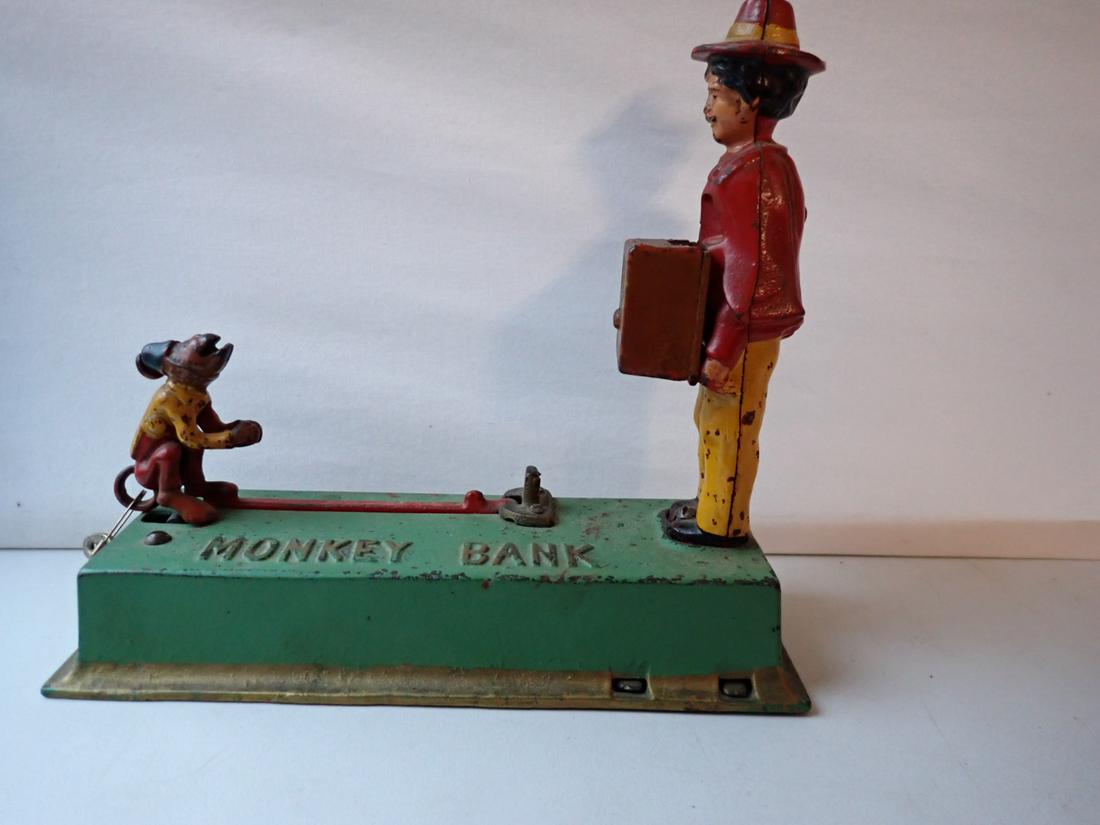 1920s Hubley Cast Iron Organ Grinder & Monkey Mechanical Bank (1 of 8)
