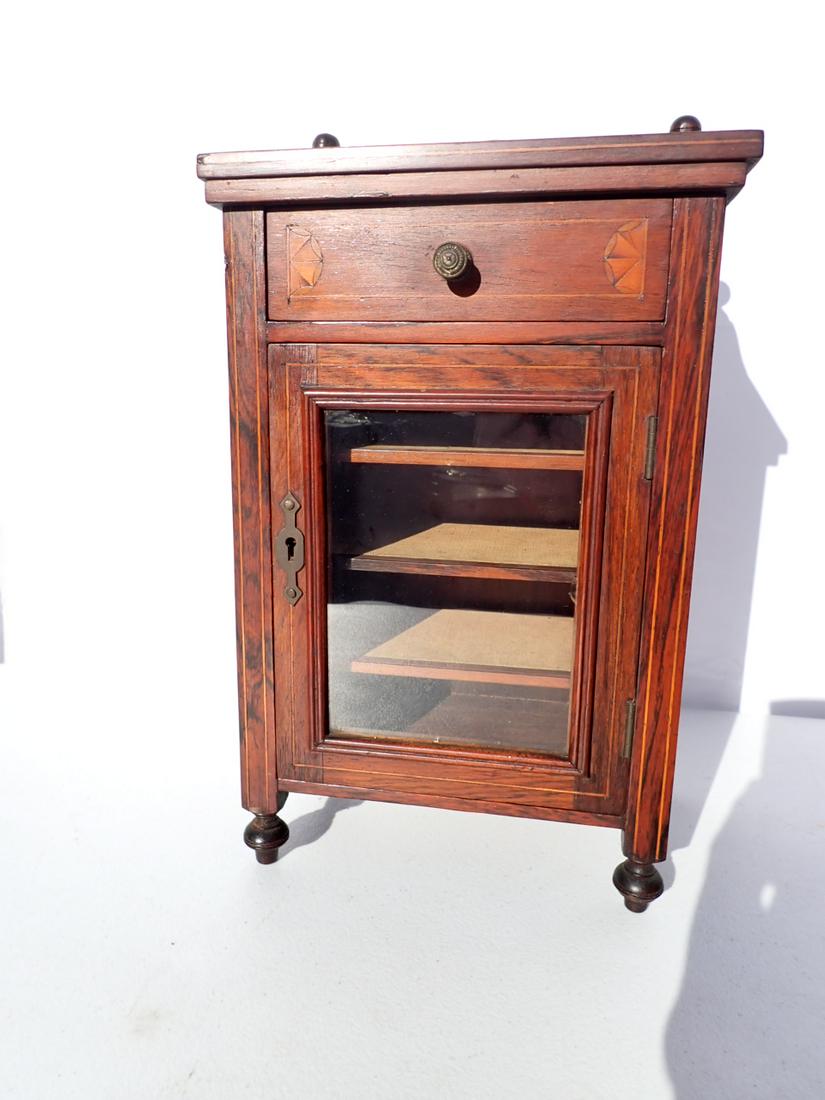 Antique Miniature 3 Shelf 1 drawer Glass Door Inlaid Cabinet (1 of 12)