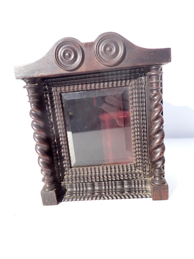 Antique Miniature Cabinet with Scroll Top & Barley Twist Posts: Velvet Lined with Bevel Mirror. 9" high x 8" wide x 4" deep. See photos for condition and details. Local pick-up available on February 4th or 3rd party shipping available. Please see terms.