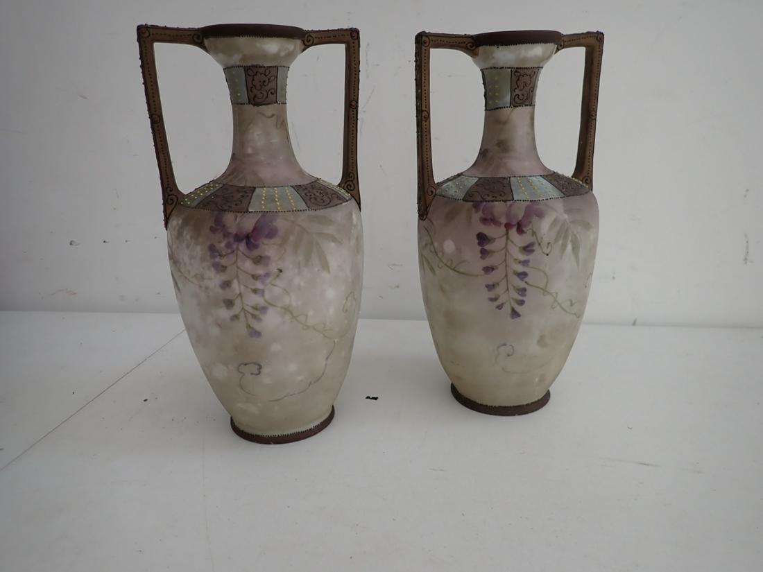 Pair Nippon Hand painted 2 Handle Vases Lilac Designs (1 of 5)