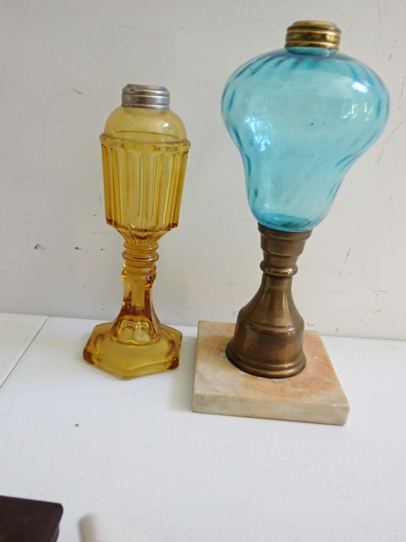 Amber and Blue Whale Oil Lamps: Blue Lamp 10" and Amber Lamp 8 1/2". See photos for condition and details. Local pick-up available on February 4th or 3rd party shipping available. Please see terms.