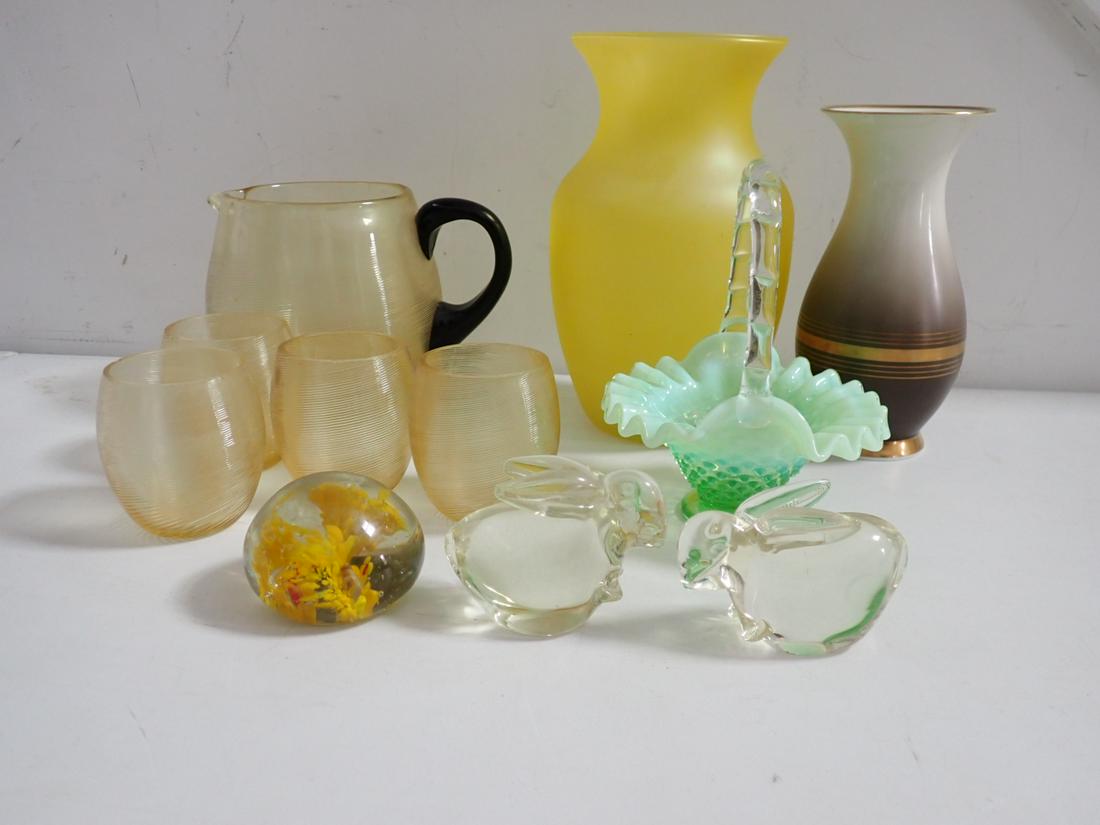 Mid Century Modern Swirl Design Pitcher with Applied Handle +: 4 Matching Glasses - glasses have some chips on rims, Crystal Rabbit Paper Weights, Another Paper Weight, Hobnail Basket, Bavarian Porcelain Vase, Yellow Vase, etc. See photos for condition and detail