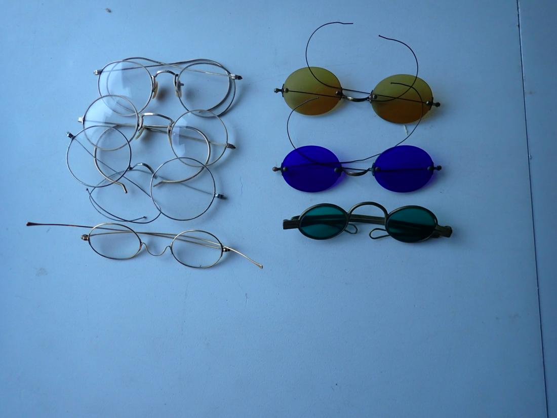 Antique Eyeglasses: Aqua, Cobalt, Amber Lenses and Others: Some with Gold Filled Frames. See photos for condition and details.