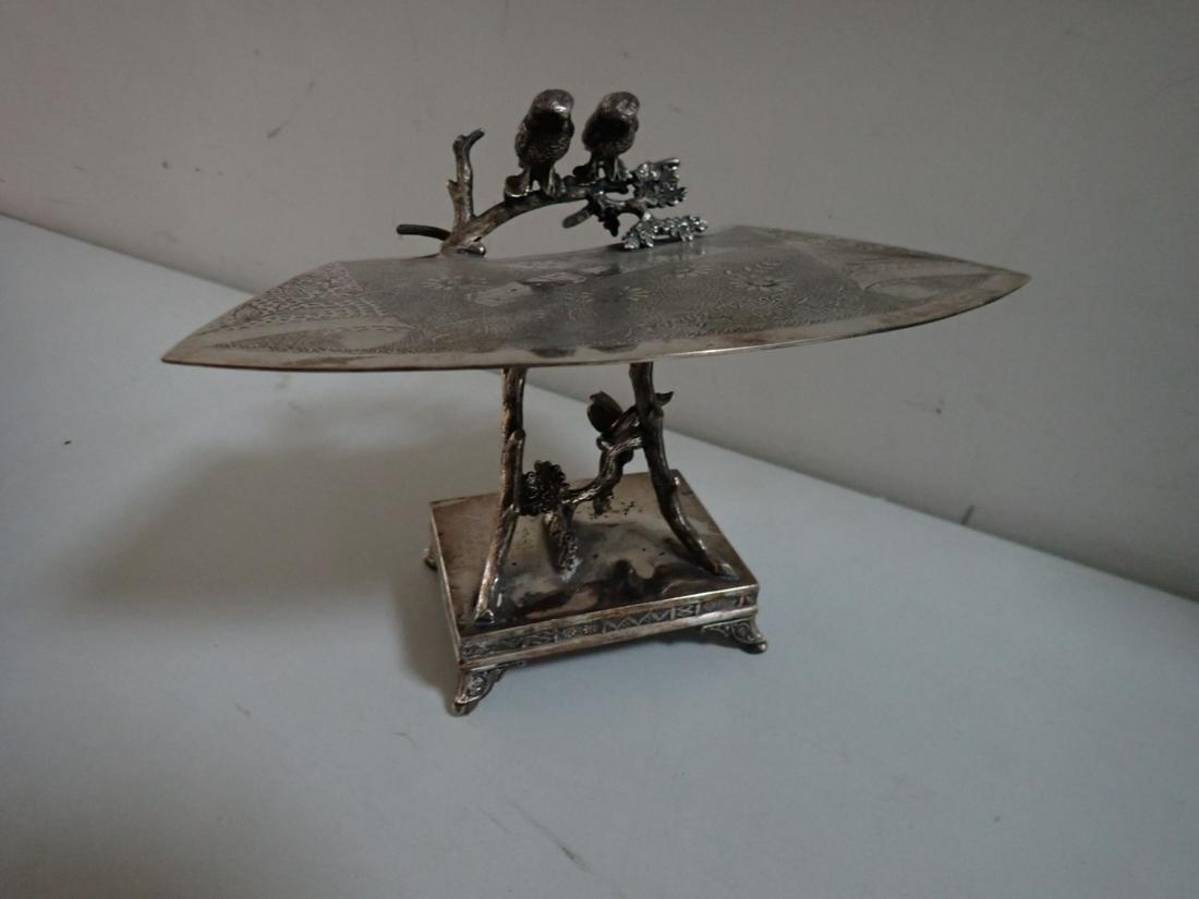 Victorian Silver Plate Card Holder - 2 Owls on Branch & Butterfly (1 of 9)