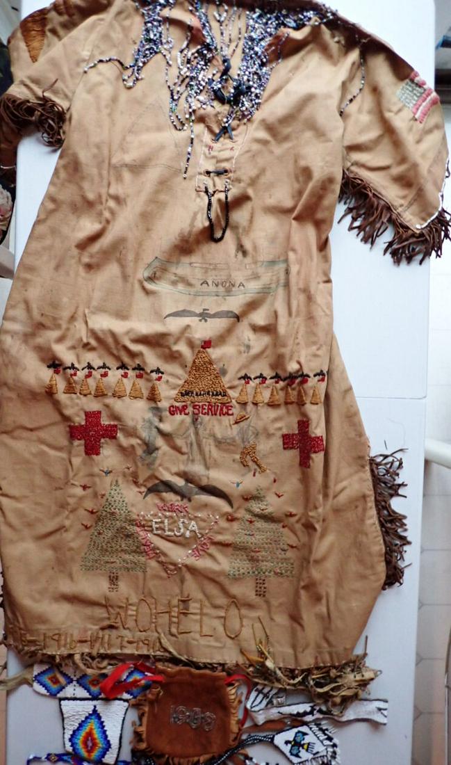Campfire Girls Antique Beaded Dress - Heavy Cloth with Native: American Style Beadwork. Bottom is Embroidered "1915 - 1916- 1917 - 1918 Camp Mohannah - Woholo on Front. Cloth Pouch Beaded with Montreal 1908 Dress has some staining. See photos for condition and de