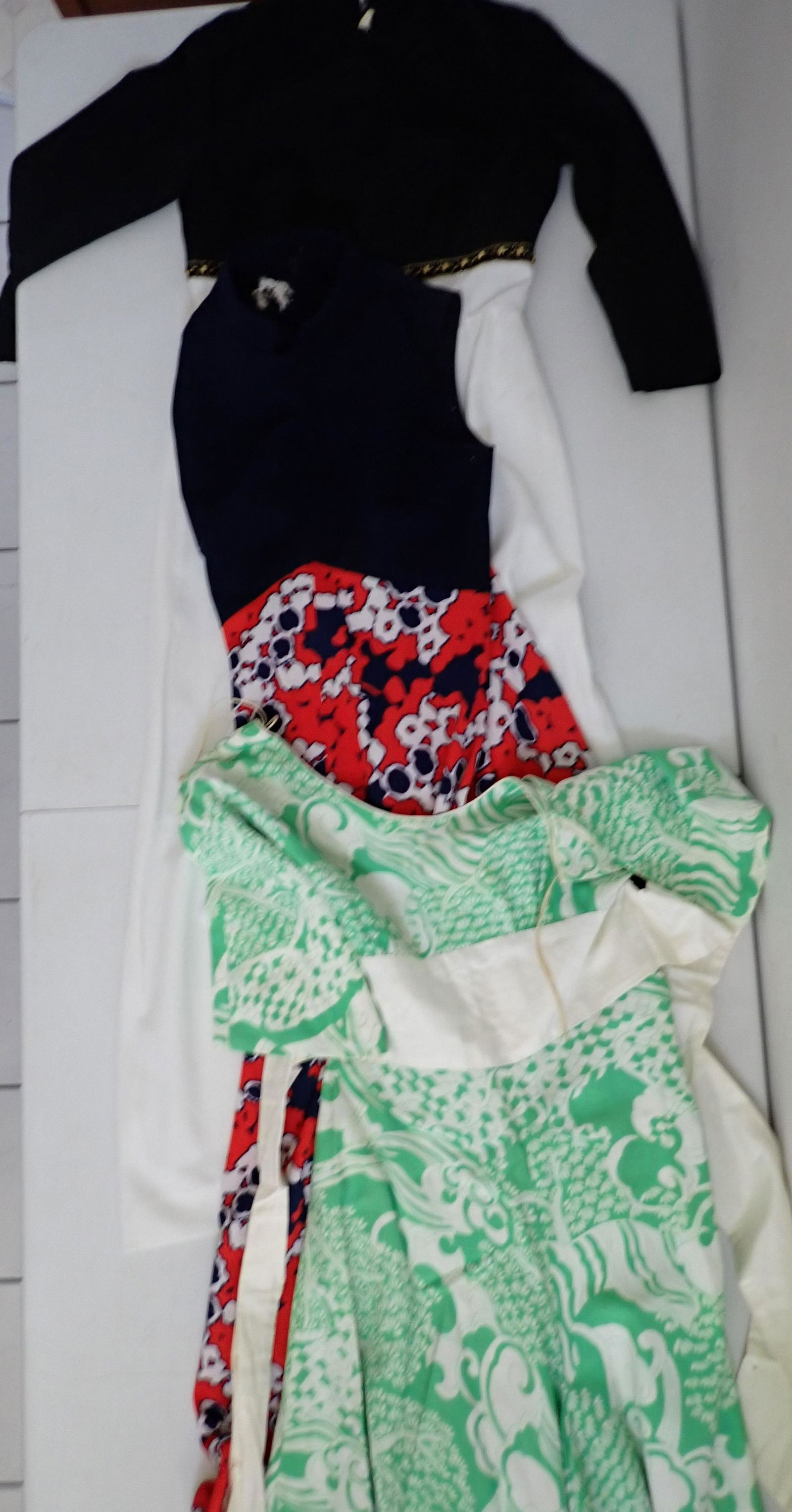 Vintage Hawaiian Dress Alfred Shaheen Stores Waikiki Hawaii +: Size 12 Dress 100% Acetate Very Good Condition, Lime Green and White, 1960's Sleeveless Orange and Navy Dress and Size 12 Black and White Long Sleeved Gown with Gold Beaded Accents Both Very good cond