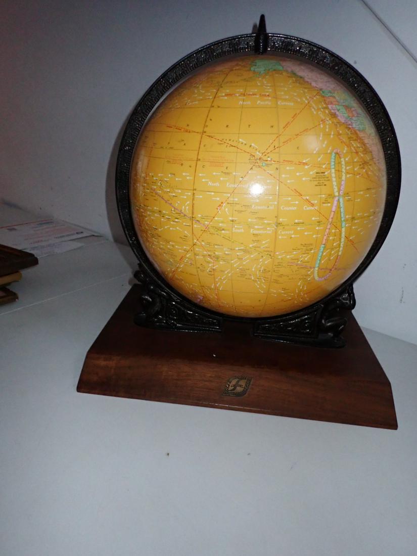 George F. Cram No. 53 C81 12" Terrestrial Glob in Metal Holder: Has two Metal Figures Depicting Atlas on Wooden Base. Base says "Safe 20 Year Driver". See photos for condition and details.