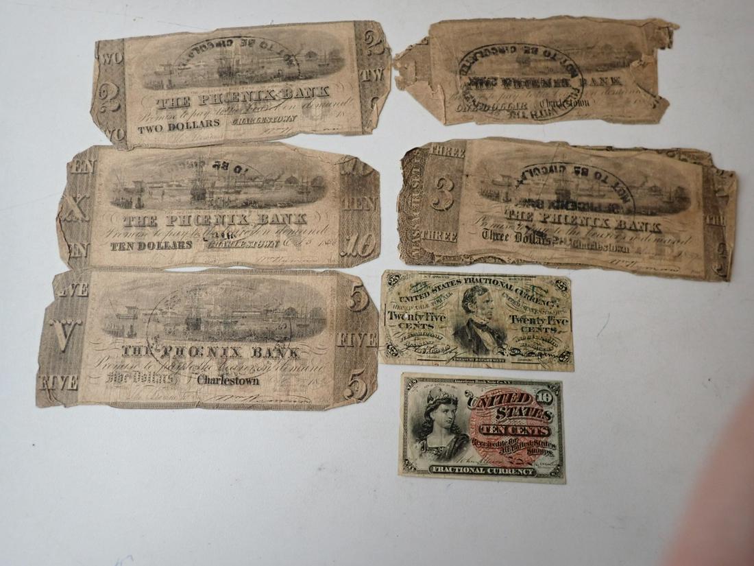Phoenix Bank Charlestown, MA Bank Notes: $50, $20, $10, $5, $3, $2 and $1. Notes are worn. Also includes 25 Cent and 10 Cent Fractional Currency. See photos for condition and details. Local pick-up available on February 4th or 3rd party ship