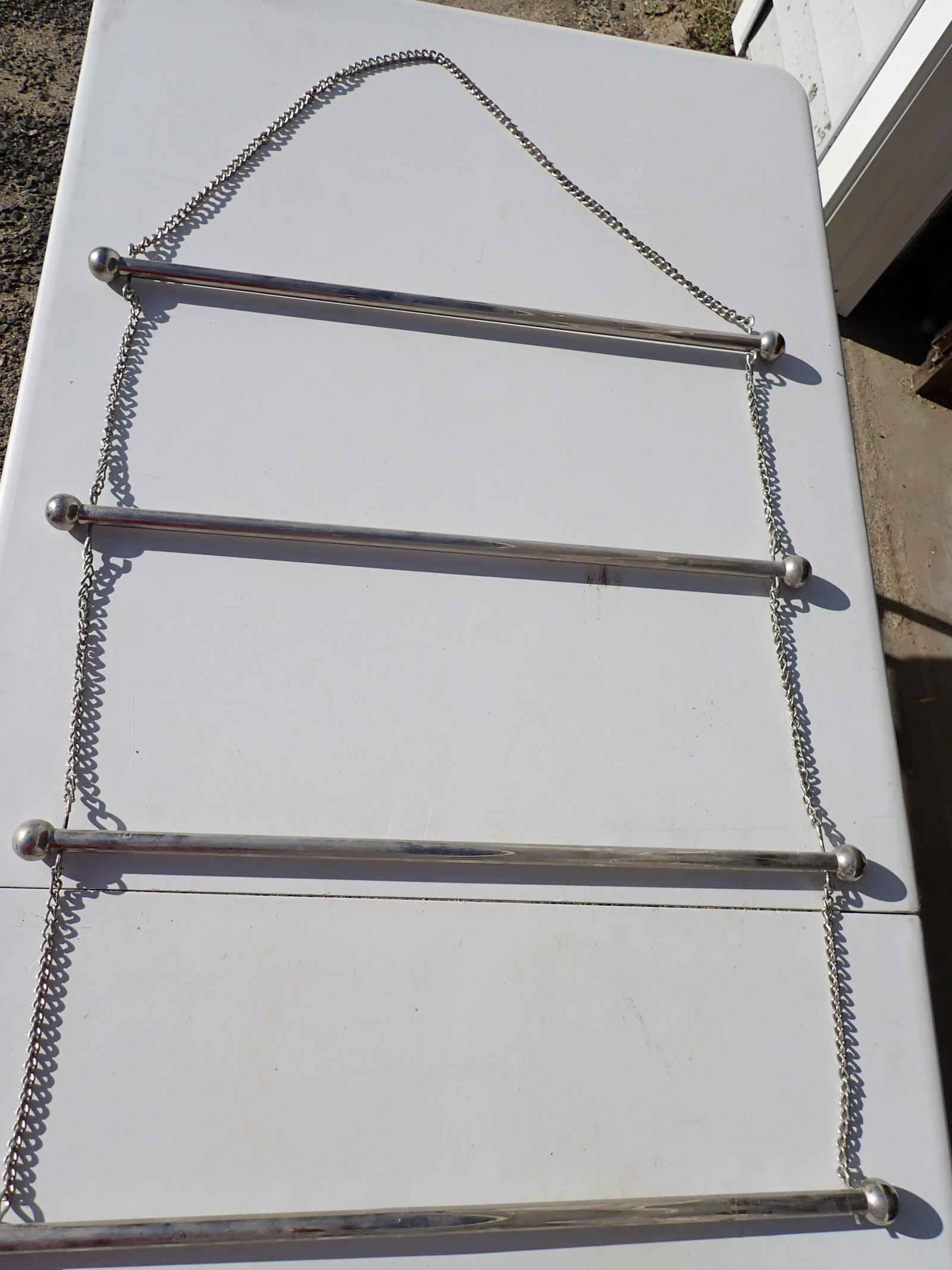 Vintage Nickel Plated Hanging Towel Holder: Has 4 bars 24 1/2" wide. Whole piece is 29 1/2" high excluding top chain. See photos for condition and details.