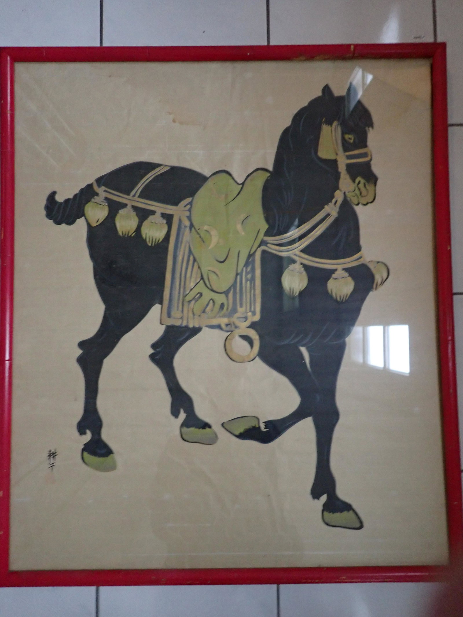 Asian Horse Painting on Silk Art: 35" x 24 1/2". Frame: 37" x 31": Has broken glass in upper right corner. Some staining across top and some creasing. See photos for condition and details. Local pick-up available on February 4th or 3rd party shipping available. Pleas