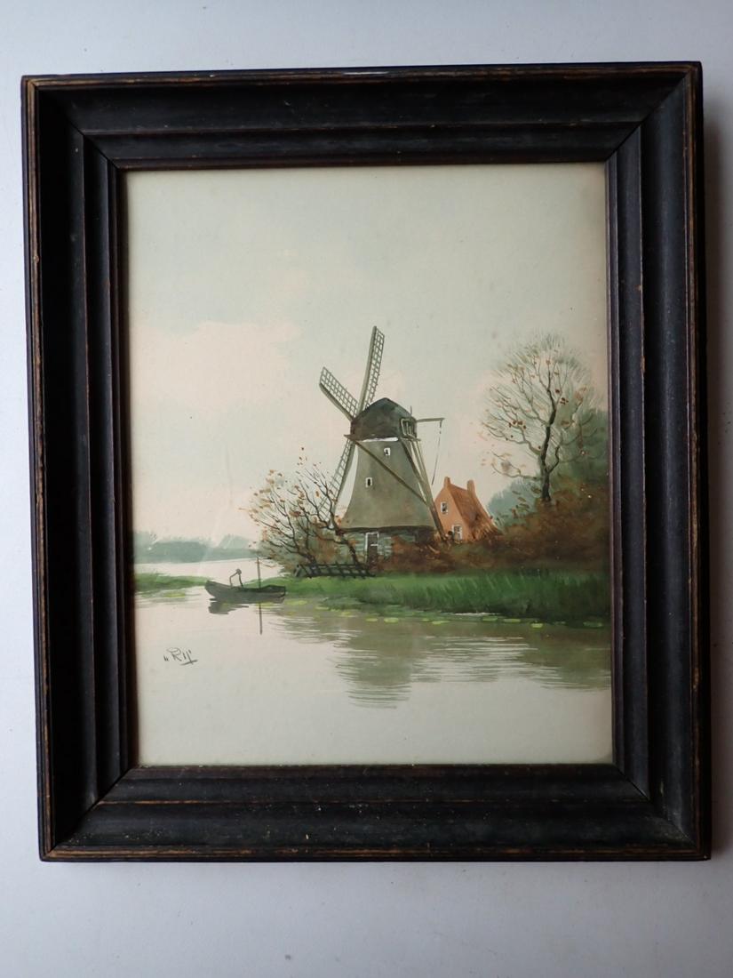 Antique Windmill Watercolor: Frame: 12" x 10 1/2". Painting: 9 1/2" x 8". See photos for condition and details. Local pick-up available on February 4th or 3rd party shipping available. Please see terms