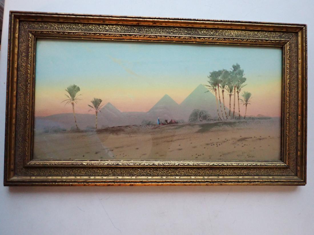 20's/30's Watercolor of Desert Scene with Pyramids, Palm Trees (1 of 6)