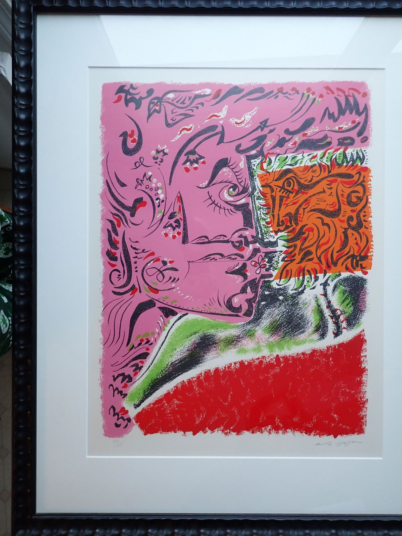 Andre Masson "Dame Au Tournesol" Lithograph 128/200: Pencil Signed. Frame: 35" x 28 1/2". Lithograph: 25" x 19" Excluding Matte. See photos for condition and details. Local pick-up available on February 4th or 3rd party shipping available. Please see te