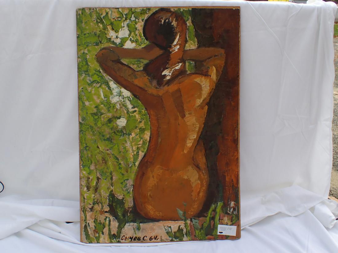 Ukrainian Artist - Stanislav Sychov "Sitting in the Garden" O/C: 1964. Plywood Backing. 29" x 20". See photos for condition and details. Local pick-up available on February 4th or 3rd party shipping available. Please see terms
