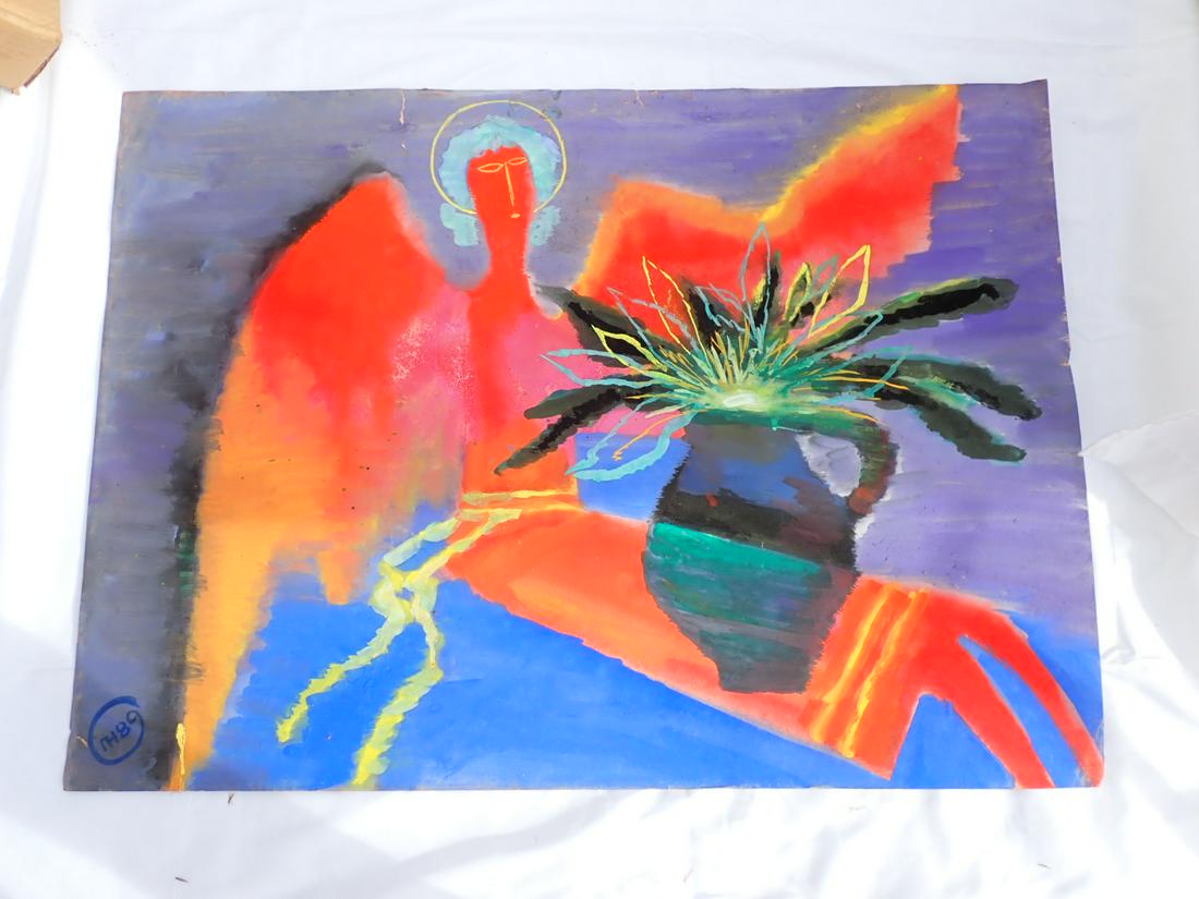 Nikolay Prokopenko "Red Angel with Pitcher" 1989: Watercolor on cardboard. 24 1/4" x 33". Rip on top. See photos for condition and details. Local pick-up available on February 4th or 3rd party shipping available. Please see terms